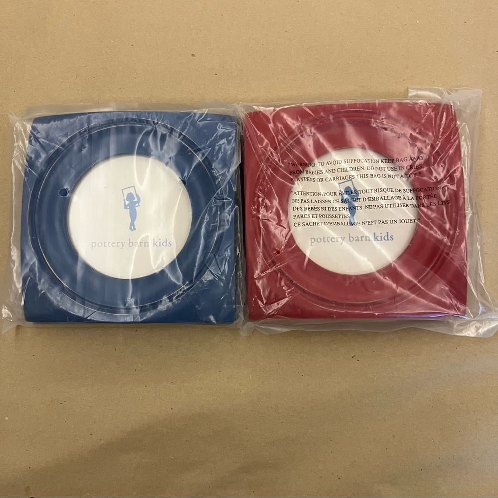 Pottery Barn Kids Painted Wooden Circle Picture Frames 6in Square Blue Red (2)